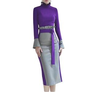 Multiflora Ruffled Bell Sleeve Silk and Cotton Belted Midi Sheath Dress